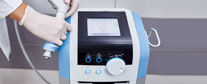 Clinician's gloved hand holding the applicator of an acoustic wave therapy device